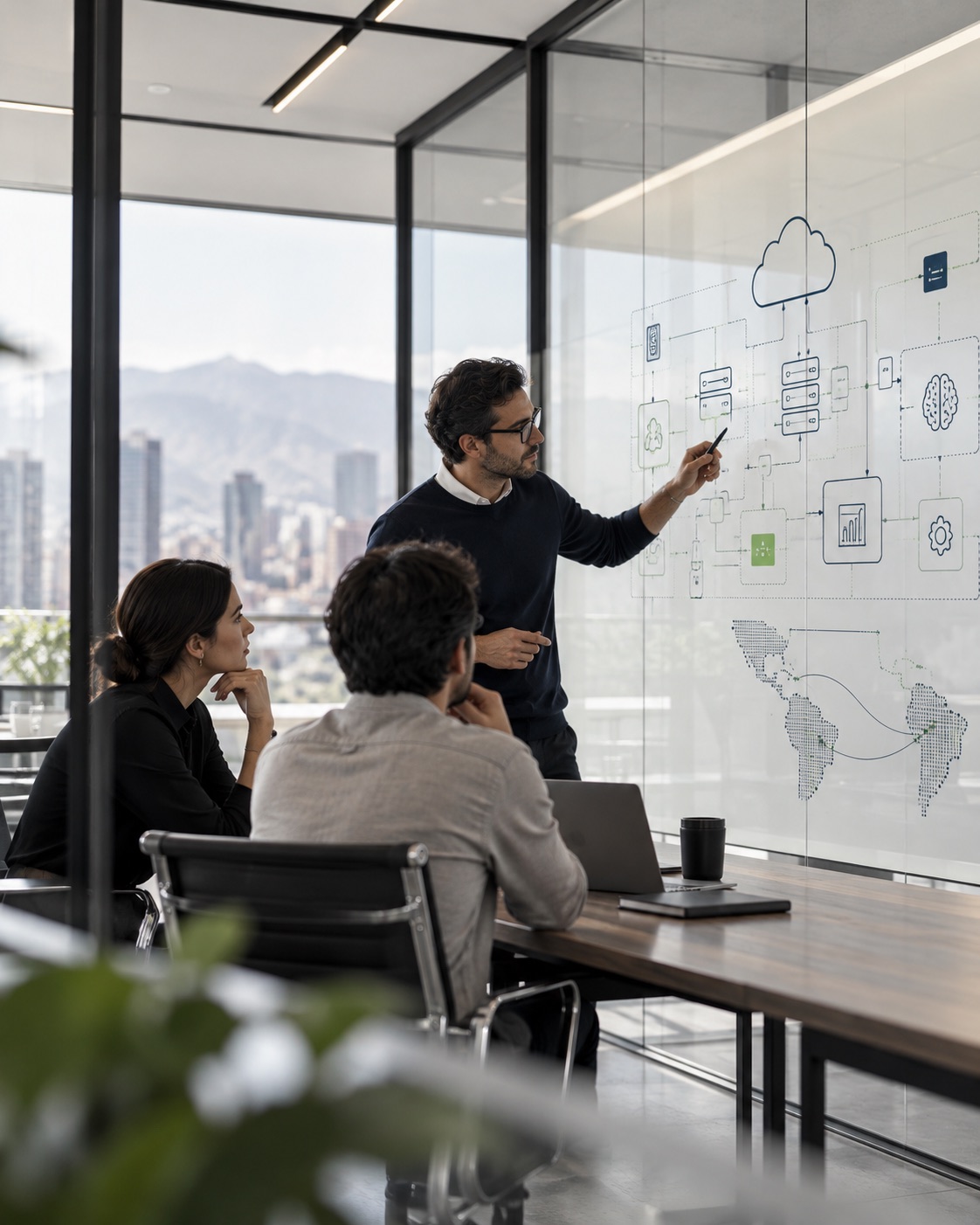 An Origo advisor walks a client team through a cloud and AI architecture diagram in a glass-walled meeting room.